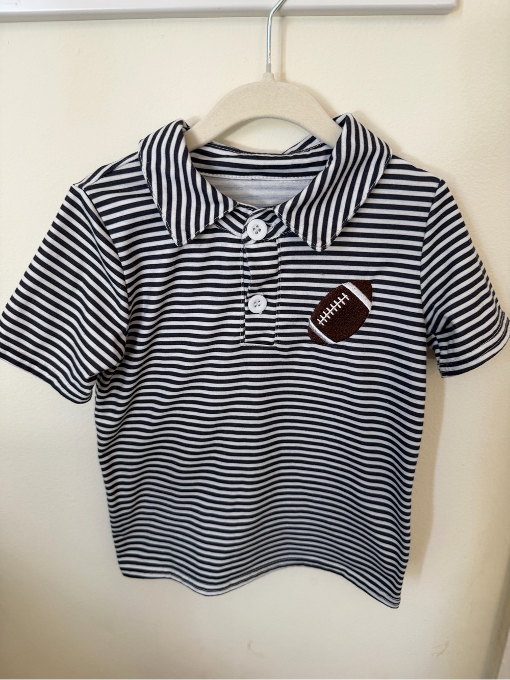 Navy & White Striped Polo with Football Patch - Kids